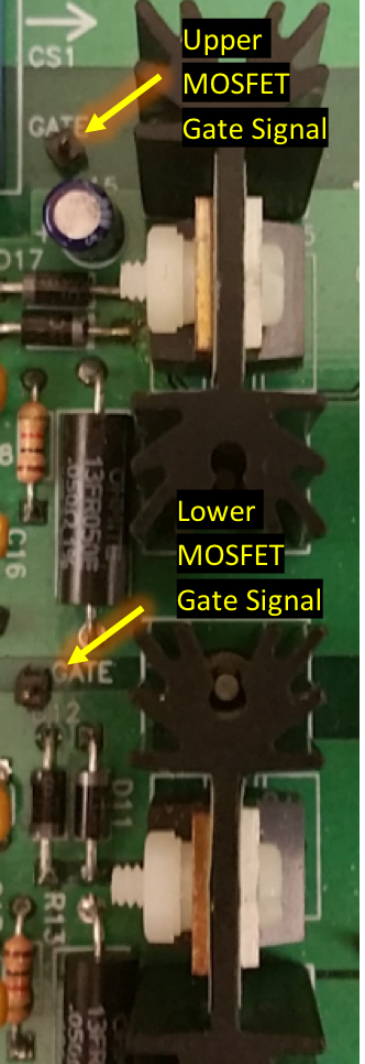 MOSFET gate signal diagram, highlighting upper and lower gate signals on electronic circuit board.