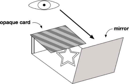 Optical illusion diagram with mirror, opaque card, and star object reflection study.