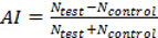 AI calculation formula: \( AI = \frac{N_{\text{test}} - N_{\text{control}}}{N_{\text{test}} + N_{\text{control}}} \)