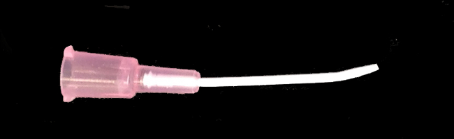 Bent needle tip, micro-pipetting equipment setup for precision liquid handling in laboratory research.
