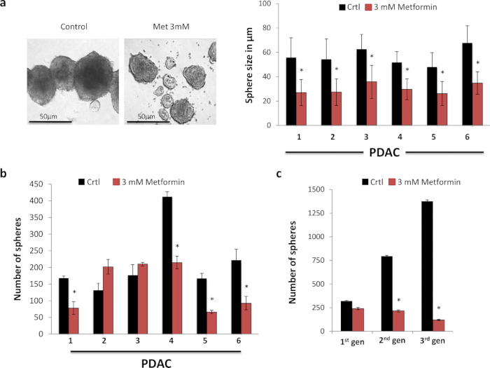 figure-results-1 Pancreatic cancer spheres under control vs. 3mM Metformin, size and count comparison; bar charts.