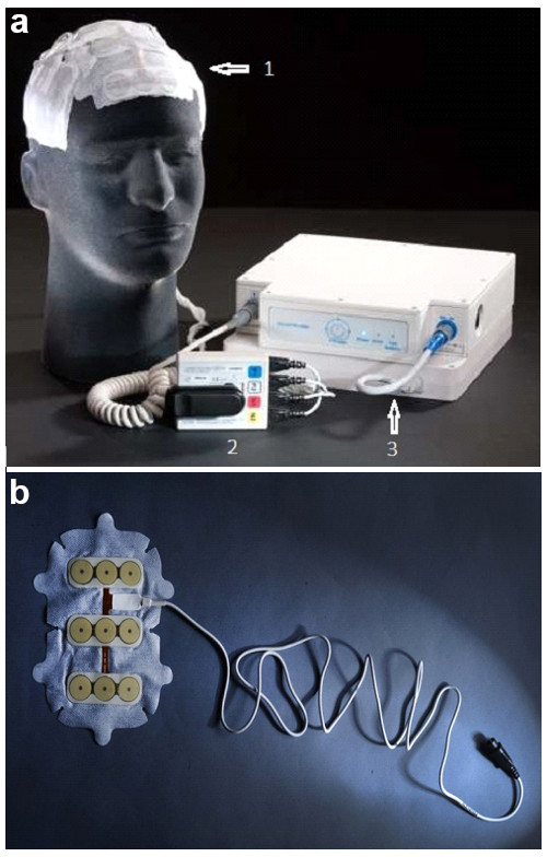 Transcranial brain stimulation device and electrodes setup for neuromodulation experiment.