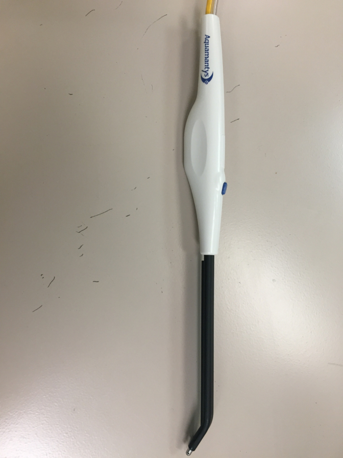 Electrosurgery pencil device used in medical procedures for tissue dissection and coagulation.