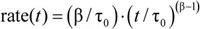 Decay rate formula, rate(t)=(β/τ₀)·(t/τ₀)^(β−1), relevant for kinetics analysis.