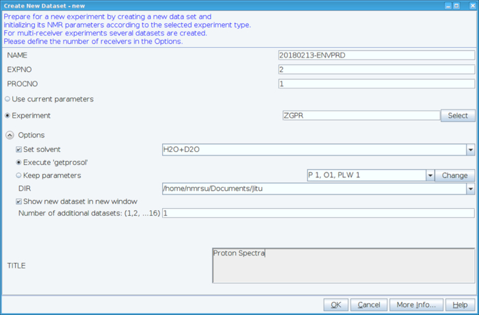 figure-results-1 NMR setup interface for proton spectra experiment with solvent H2O+D2O and parameters selection.