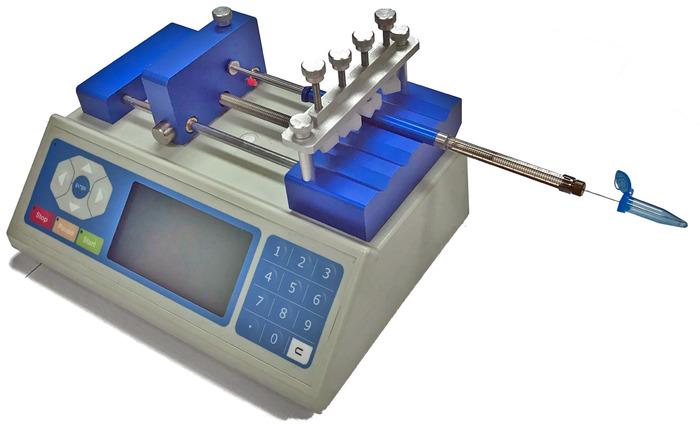 Laboratory syringe pump for precise liquid handling in chromatography and PCR experiments.