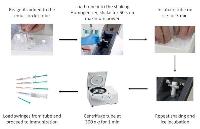 Emulsion preparation diagram: reagents mixing, homogenizing, centrifuge, syringe for immunization.