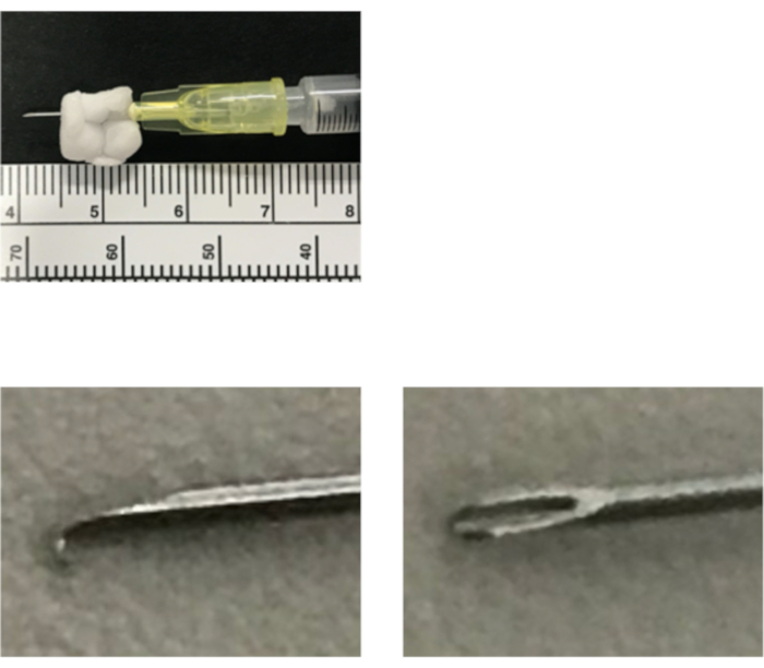 Syringe needle testing with micrographs for penetration analysis; needle close-ups and scale shown.