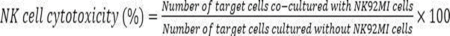 NK cell cytotoxicity formula, diagram; ratio of target cell death with NK92MI, immune response calculation.