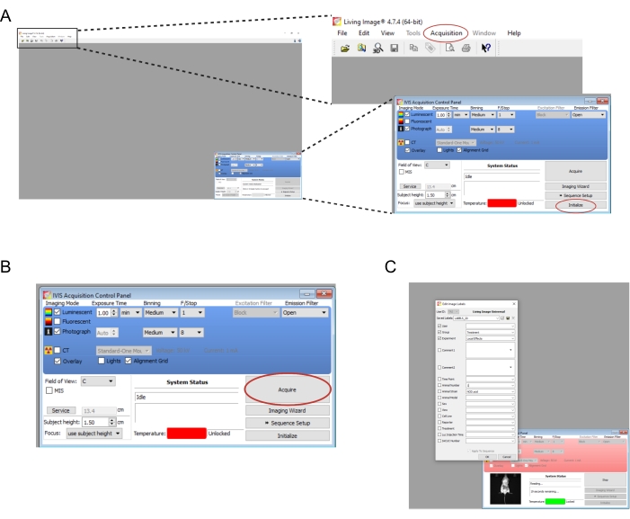 Living Image software interface, acquisition control panel, imaging setup configuration diagram.