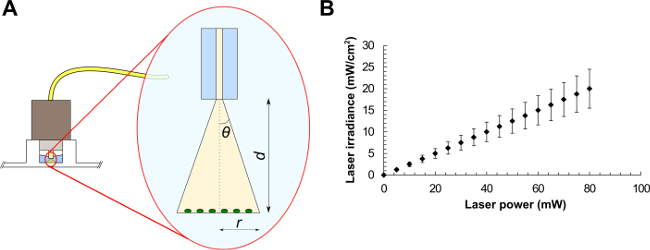 Optical excitation diagram; laser power vs. irradiance chart; photonic study; experimental setup.