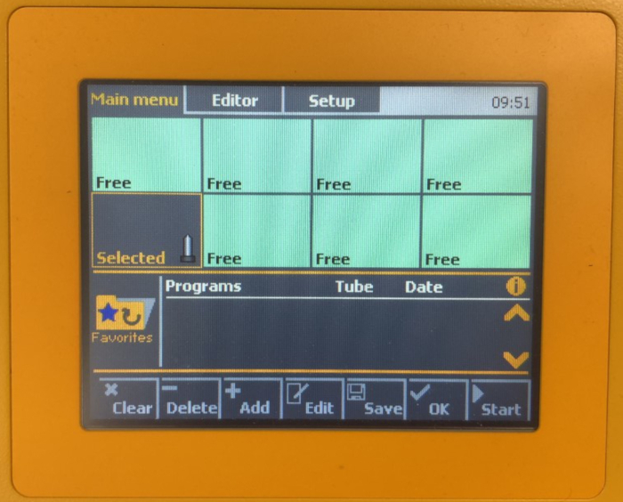 Laboratory device interface for program setup, displaying slots for selection and editing functions.