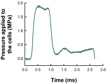 Pressure vs. time graph; cellular compression experiment; pressure: MPa, time: ms.