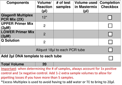 PCR preparation table with volume details for DNA amplification, includes primer and solution use.