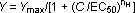 Dose-response equation Y=Ymax/(1+(C/EC50)^nH); pharmacodynamics, formula depiction.