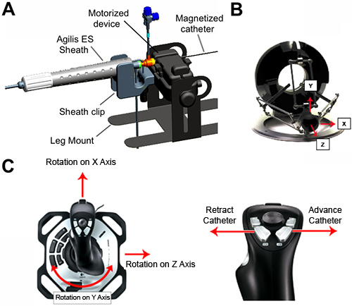 Magnetized catheter robotic system diagram; motorized device, joystick control; axes rotation.