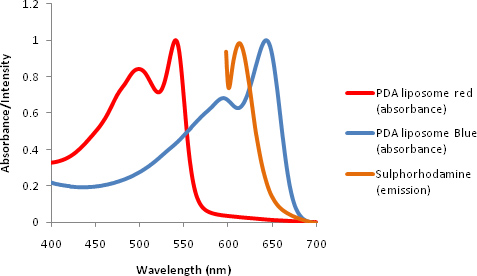 figure-protocol-6 Spectroscopy graph of PDA liposomes absorbance and sulphorhodamine emission vs. wavelength.