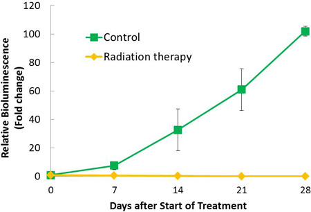 figure-protocol-1 Bioluminescence chart; control vs. radiation therapy over time; growth measurement analysis.