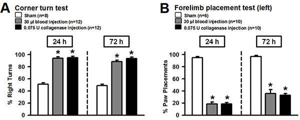 figure-protocol-3 Corner turn and forelimb placement test results; bar chart comparison; neurological assessment.