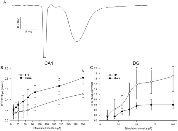 figure-protocol-3 Electrophysiology results; fEPSP slopes vs. stimulation, brain regions CA1, DG; line graphs, waveforms.
