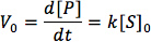 Enzyme kinetics equation V0=d[P]/dt=k[S]0, depicting reaction rate in biochemical analysis.