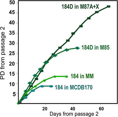 figure-results-2 Graph of cell proliferation over time; plot showing PD vs. days for various cell conditions.