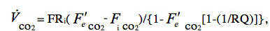 CO2 flow equation V̇=FR(F'eCO2-FiCO2)/(1-F'eCO2[1-(1/RQ)]) in respiratory analysis.