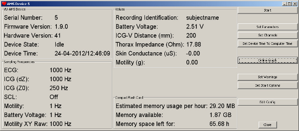 figure-results-2 Medical device interface displaying bio-signals; ECG, ICG, motility metrics, memory status, configuration.