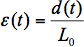 Strain calculation formula: ε(t) = d(t)/L₀, used in material deformation analysis.