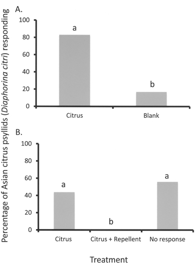 Citrus psyllids response bar graphs; treatments: citrus, blank, citrus+repellent, no response.