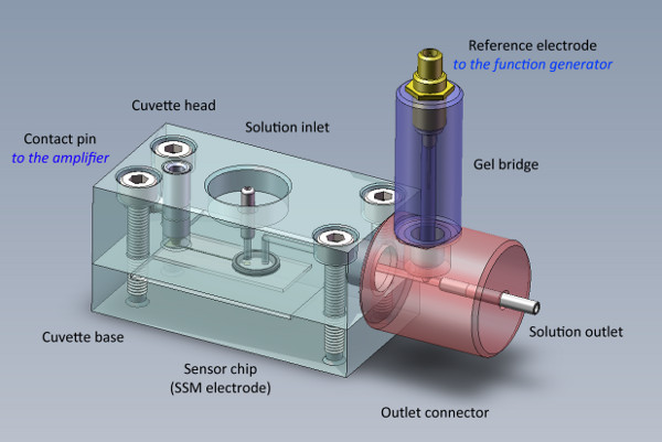 Electrochemical cell diagram with cuvette, sensor chip, electrodes for solution analysis.