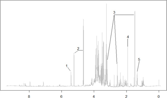 NMR spectroscopy graph; chemical shift peaks analysis; proton environment identification.