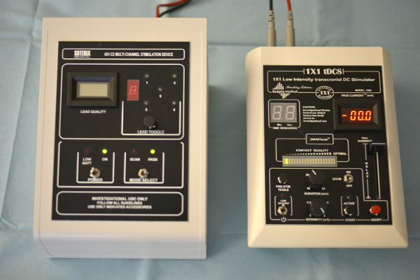 Transcranial DC stimulation setup for neural activity modulation; device controls and displays shown.