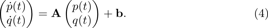Dynamic systems equation: \(\dot{p}(t), \dot{q}(t)= \mathbf{A} (p(t), q(t)) + \mathbf{b}\); mathematical formula.
