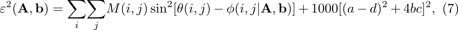 Mathematical optimization equation diagram; error function ε²(A,b) with double summation, used in data fitting.