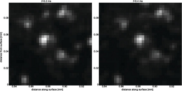 Transient absorption microscopy images; time-evolution at 0.2 ms and 0.4 ms; distance mapping.