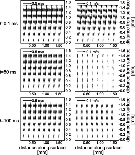 Fluid dynamics vector field analysis, velocity vectors over time, diagram showing flow patterns at 0.1, 50, 100 ms.