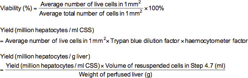 Hepatocyte yield equations; viability, cell count methods; cell culture analysis.