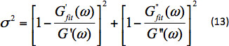Static equilibrium formula σ²=(1−G'_fit(ω)/G'(ω))²+(1−G''_fit(ω)/G''(ω))² equation.