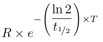 Diagram równania rozpadu wykładniczego, R×e^{-(ln2/t_{1/2})×T}, analiza rozpadu promieniotwórczego.
