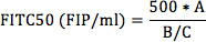 FITC50 calculation formula; diagram illustrating fluorescence intensity measurement equation.