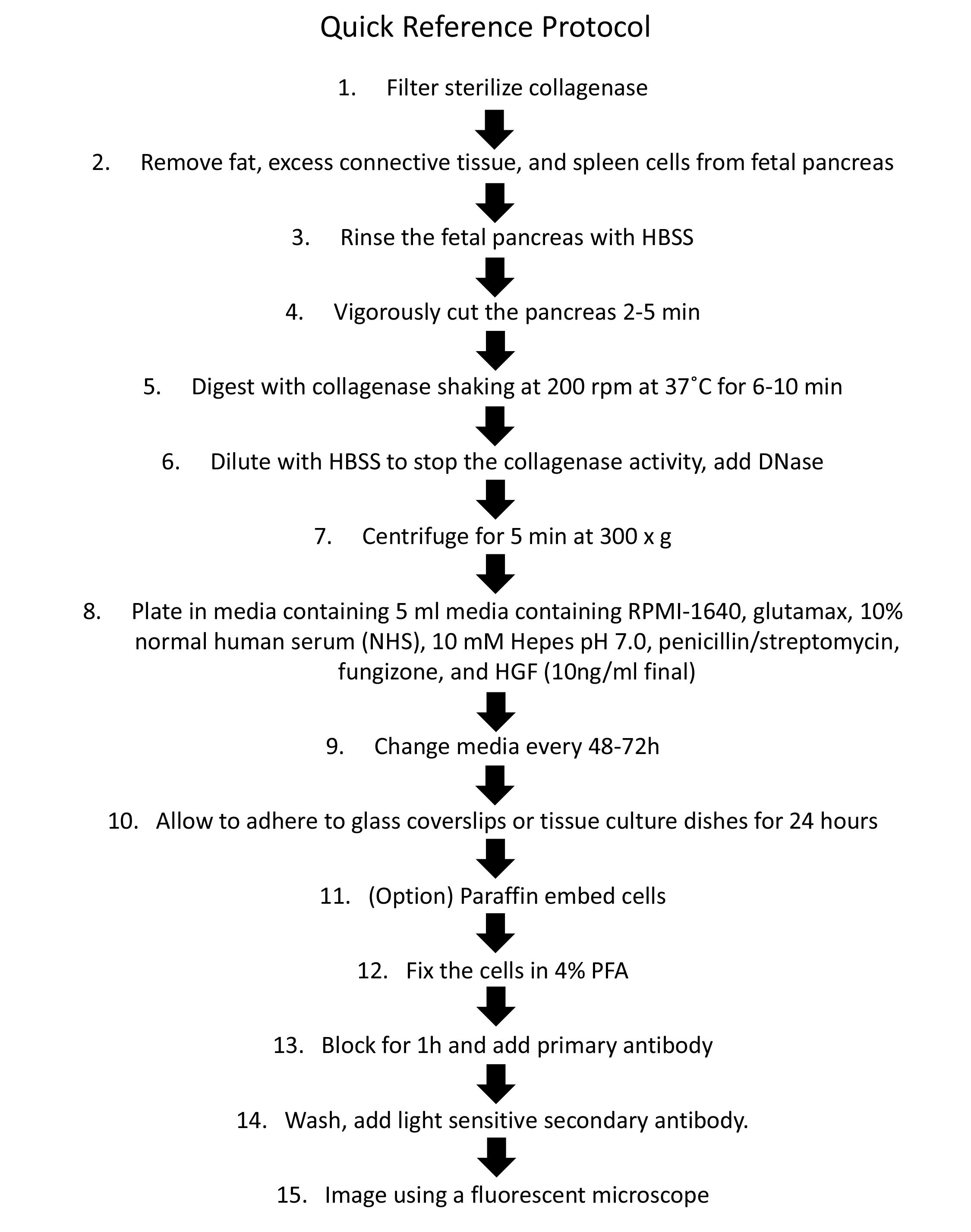 Protocol for fetal pancreas cell preparation; step-by-step diagram includes collagenase digestion.