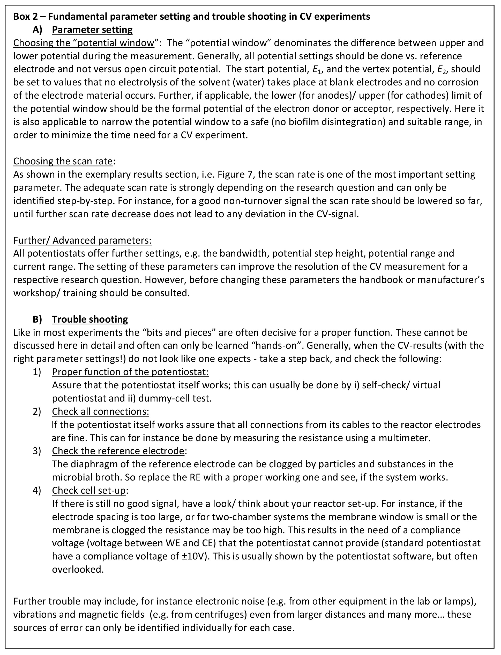 figure-results-7 Cyclic voltammetry parameter settings and troubleshooting guide, focusing on potential window and scan rate adjustments for optimal CV experiments.