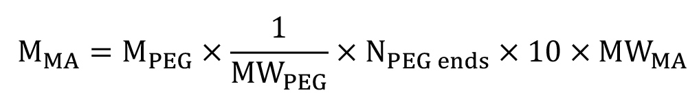 Polymerization calculation, equation showing MMₐ=Mₚₑg×(1/MWₚₑg)×Nₚₑg×10×MWₘₐ.