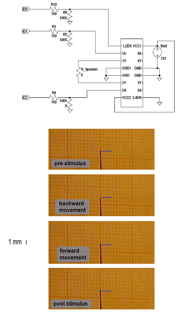 figure-results-1 Circuit schematic diagram with logic gates and resistor network; response graph sequence.