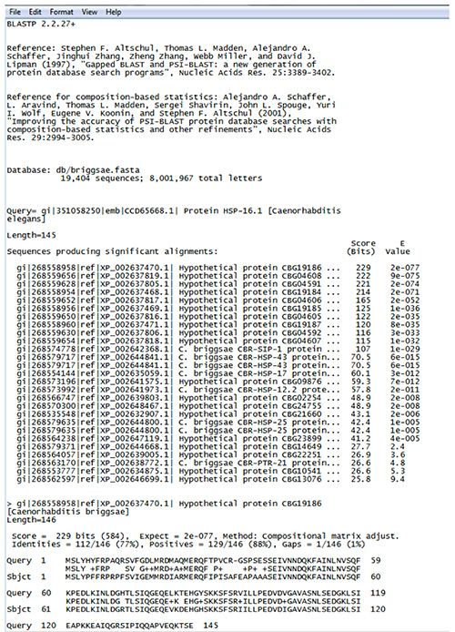 BLASTP output showing protein sequence alignments; database query results with significant scores.