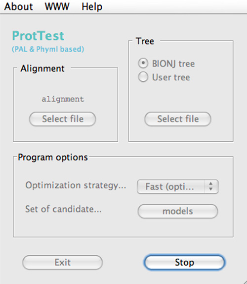 ProtTest software interface for protein model selection, alignment, tree options, optimization strategy.