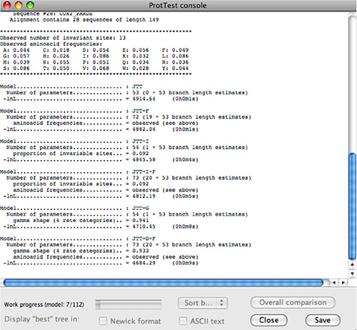 ProtTest software console displaying protein model testing results, alignment analysis data.