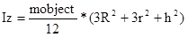 Moment of inertia formula, Iz=(m/12)*(3R^2+3r^2+h^2), mathematical equation.
