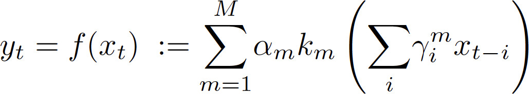 Nonlinear autoregressive model equation, formula, Σ notation, mathematical concept, statistical analysis.